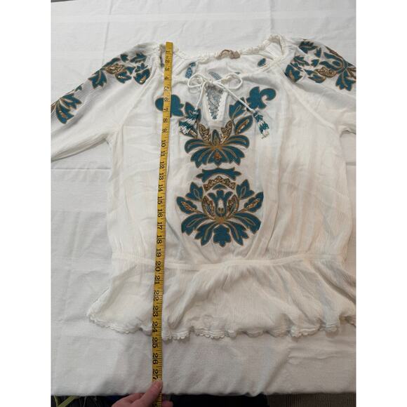 Soft Surroundings Shirt Sz S White Green Embroidered Sequins Tassel Boho Top - Picture 12 of 12